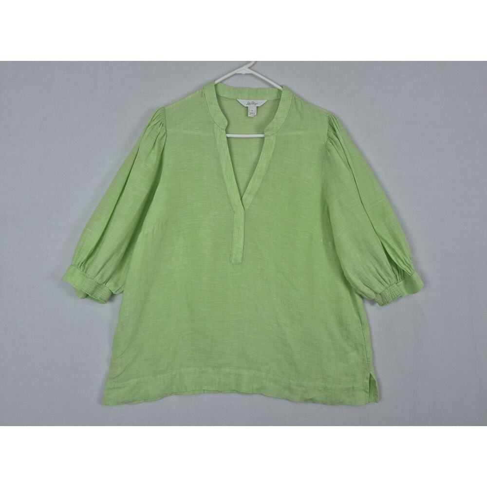 Lilly Pulitzer Linen Top Green Puff Sleeve Split Neck Blouse Womens 14 Resort